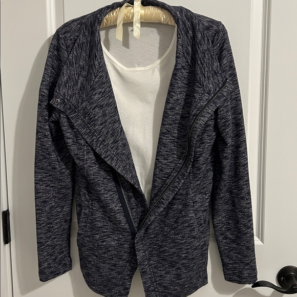 Asymmetrical Sweater Jacket moto look Navy Blue Full zip and short sleeve shell - Picture 2 of 13